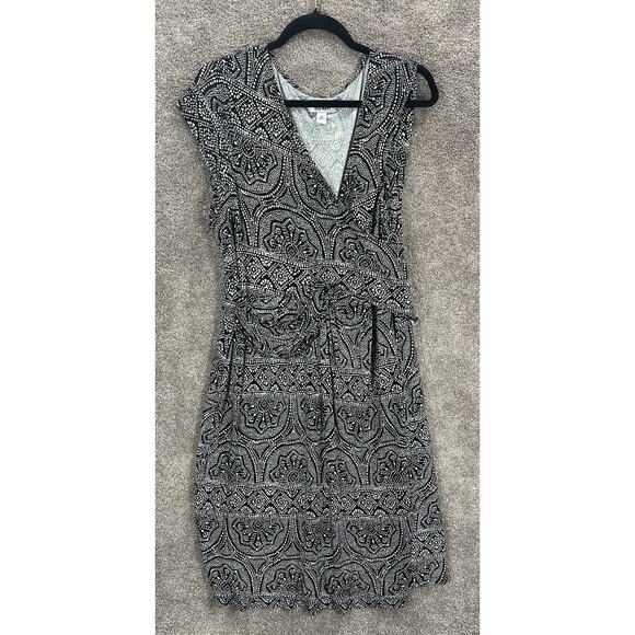 Old Navy Dress 2X Midi Black White Dots V Neck Cap Sleeve Rayon Career - Picture 2 of 8